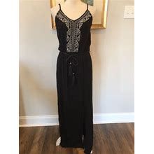 Annabelle Maxi Dress Size Small Black Embroidered Sleeveless V-Neck Belted