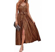 Franhais Womens High Split Beach Dress, Sleeveless Spaghetti Strap Leopard Print Belted Long Dress