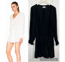 Frame Denim Dresses | Frame Shirt Black Silk Split Neck Lace Trim Long Sleeve Mini Dress Size Large | Color: Black | Size: L