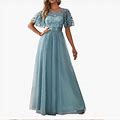 Ever Pretty Dresses | Women's Blue Green A-Line Empire Waist Embroidered Evening Dress, Sz 16 | Color: Blue/Green | Size: 16