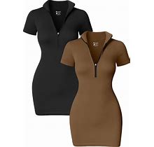 OQQ Women's 2 Piece Dresses Sexy Ribbed Zip Front Short Sleeve Stretch Tops Mini Dress