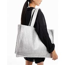 SOUTH BEACH Metallic Woven Shoulder Tote Bag In Silver