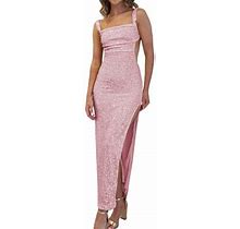 Peaskjp Plus Size Summer Dresses Formal Womens Sleeveless V Neck Dress With Pocket Summer Beach Midi Flared Tank Dress (Pink,S)