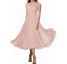 Tremance Tea Length Mother Of The Bride Dresses Lace Appliques Ruched Cap Sleeve Wedding Guest Evening Dress