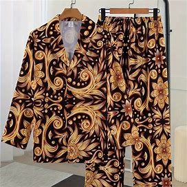 Men's Casual Creative Print Pajamas Sets, Long Sleeve Lapel Neck Shirt & Elastic Waist Loose Pants Lounge Wear, Home,Mixed Color,Trending,Temu