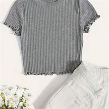 Solid Color Crew Neck T-Shirt, Blouses, Tee, Casual Ribbed Short Sleeve Crop T-Shirt For Spring & Summer, Women's Clothing,Grey,New Product,By Temu