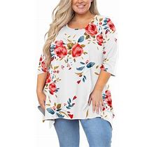 Showmall Plus Size Top For Women 3/4 Sleeve Blouse Floral White 1X Swing Tunic Clothing Crewneck Blouse Maternity Loose Fitting Clothes
