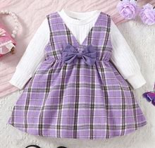 Fashionable Casual Baby Girl's Rib-Knit T-Shirt And Checked Overall Dress With Bowknot Decoration set,18-24m