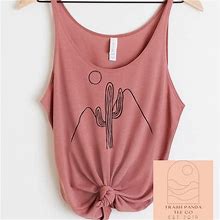 Minimalist Hand Drawn Abstract Landscape And Cactus Slouchy Tank - Flattering Tank Tops For Women - Boho Clothing For Women - Mauve Tank Top