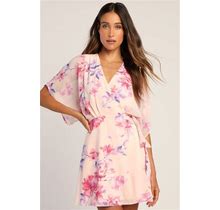 Blush Pink Floral Short Sleeve Wrap Dress | Womens | X-Small | 100% Polyester | Lulus | Dresses | Day Dresses