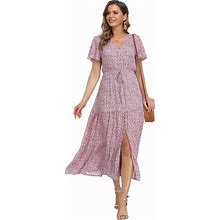 Ferrendo Women's Floral Midi Dresses V-Neck Short Sleeve Summer Casual Dress Ruffle Split Tiered A-Line Flowy Maxi Dress