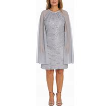 R & M Richards Women's Sequinned Lace Dress With Chiffon Cape - Silver - Size 12