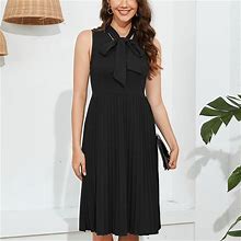 Solid Color Bow Decor Bow Front Dress, Women's Elegant Pleated Spring Women's Clothing Sleeveless Dress,Black,Reliable,Temu