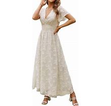 Calsunbaby Women's Solid Color Dress Lace Floral V-Neck Flared Short Sleeves Summer Beach Dress Beige XL
