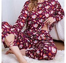 Plus Size Heart Print Patterned Pajamas, Women's Valentine's Day Cute Loungewear Set Cat Long Sleeve Round Neck Pants 2,Mixed Color,Trending,Temu
