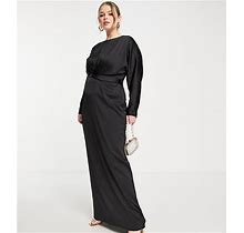 ASOS DESIGN Curve Satin Maxi Dress With Batwing Sleeve And Wrap Waist In Black - Black (Size: 26)