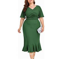 LALAGEN Plus Size Dress For Women Modest Short Sleeve Ruched Bodycon Mermaid Cocktail Midi Dresses 1X-6X