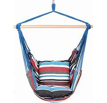 Blissun Hanging Hammock Chair, Hanging Swing Chair With Two Cushions, 34 Inch Wide Seat Blue & Green Stripes (Cool Breeze)