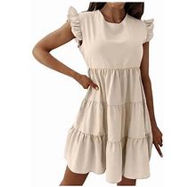 Forestyashe Womens Dresses Casual Solid Color Short Sleeve Loose Ruffled Stitching Cupcake Dress