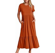 Dresses For Women 2023 Party Short Sleeve Crewneck Swing Flowy Tiered Maxi Dress Beach With Pockets Dress Womens