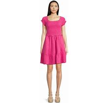 Time And Tru Women's Short Sleeve Smocked Mini Double Cloth Dress
