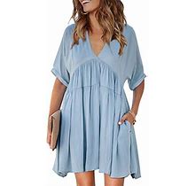 Happy Sailed Women's A Line Tunic Dress V Neck Short Sleeve Casual Swing Babydoll Dress Plus Size Sky Blue X-Large