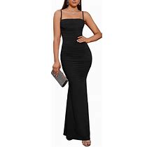 EYNMIN Women's Sleeveless Bodycon Corset Maxi Dress Spaghetti Strap Ruched Elegant Evening Party Long Dresses
