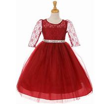 Kiki Kids 6416 Burgundy 3/4 Sleeve Lace & Tulle Dress W/ Rhinestone Belt - Size: 2 | Pink Princess