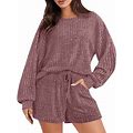 Hwmodou Woman New Years Eve Outfits Sparkly Female Outfit Solid Color Women's Autumn Winter New Long Sleeved Shorts Loose Casual Home Clothing Set Plu