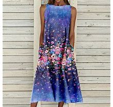 Tangnade Women Dress Summer Print Beach Holiday Dress Round Neck Big Swing Pocket Maxi Dress Dark Blue L