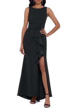 Betsy & Adam Ruffle Bow Trumpet Gown In Black At Nordstrom, Size 4