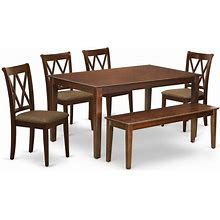 East West Furniture Dudley 6-Piece Wood Dining Set With Linen Seat In Mahogany, Brown, Kitchen & Dining Furniture Sets