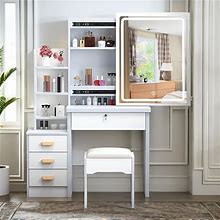 Makeup Vanity Desk With Mirror And Lights, White Vanity Table Set With 4 Drawers & Sliding Mirror & Storage Shelves, 3 Lighting Modes Brightness