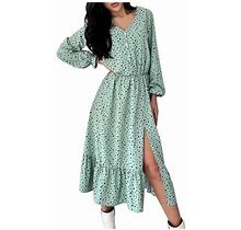 Htnbo Women Cotton Blend Flowy Maxi Dresses Casual Long Sleeve Slit Dots Button V Neck Dress House With Pockets Clearance