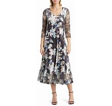 Komarov Floral Three-Quarter Sleeve Charmeuse & Lace Dress In Onyx Burst At Nordstrom, Size 1X