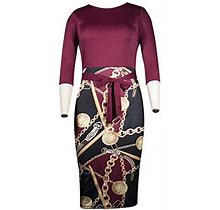 Thusfar Dresses For Women Work Casual Cute Bowknot 34 Sleeve Floral Bodycon Dress Wine Red Medium, Womens, Chain Wine Red