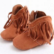 Maxcozy Baby Girls Cowboy Tassels Ankle Boots Toddler Prewalker Shoes First Walkers Zip Booties Short Boots Brown 6-12 Months