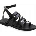 Ancient Greek Sandals Quality Leather Toe Ring Flat Sandals - Adjustable Buckle Ankle Strap Black Summer Shoes Boho Cuff Sandal