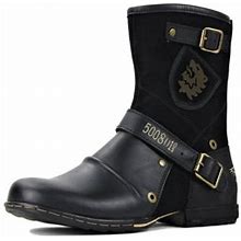 Ymiytan Cowboy Boots For Men Round Toe Distressed Work Boots Buckles Western Boots Traditional Country Boot Black 6.5