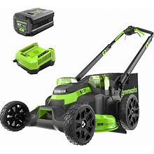 Greenworks 80V 25" Brushless Cordless (Self-Propelled) Dual Blade Lawn Mower (LED Headlight + Aluminum Handles), 4.0Ah Battery And Rapid Charger
