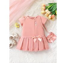 2Pcs/Set Baby Girl's Casual And Elegant Everyday Wear Ruffle Dress With Bowknot Waist And Matching Bag For Spring/Summer outdoors,9-12m