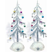 Light Up Tabletop Tree Set Of Two - White Frosted Acrylic Trees With Jingle Bell Ornaments - LED Slow Color Changing Lights - 14"H 9776-2