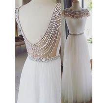 White Bateau Neckline V Back Beaded Cap Sleeve Long Tulle Prom Dress