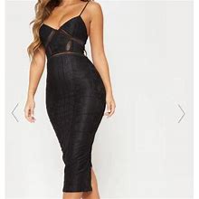 Prettylittlething Dresses | Pretty Little Thing Sexy Black Mesh Lace Bodycon Lbd Midi Dress Uk 10 Us 6 | Color: Black | Size: 6