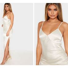 Prettylittlething Dresses | Cream Ruched Strappy Satin Dress | Color: Cream | Size: 4