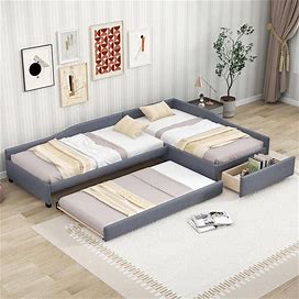 Gray Upholstered Double Twin Daybed With Trundle And Drawer