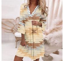 Voncos Sundresses For Women- Party Dress Elbow-Length Sleeve Fashion Casual Short Dress Printed Sexy Lace Patchwork V-Neck Dress Yellow 10