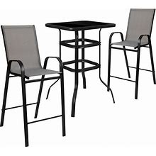 Flash Furniture TLH-073H092H-GR-GG 27 1/2" Square Patio Bar Table & (2) Gray Stool Set - Glass Top, Black Steel Base