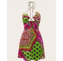 Paisley & Scarf Print Crisscross Tie Backless Halter Dress | Color: Green/Pink | Size: 6