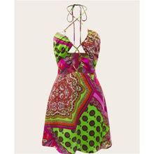 Paisley & Scarf Print Crisscross Tie Backless Halter Dress | Color: Green/Pink | Size: 6